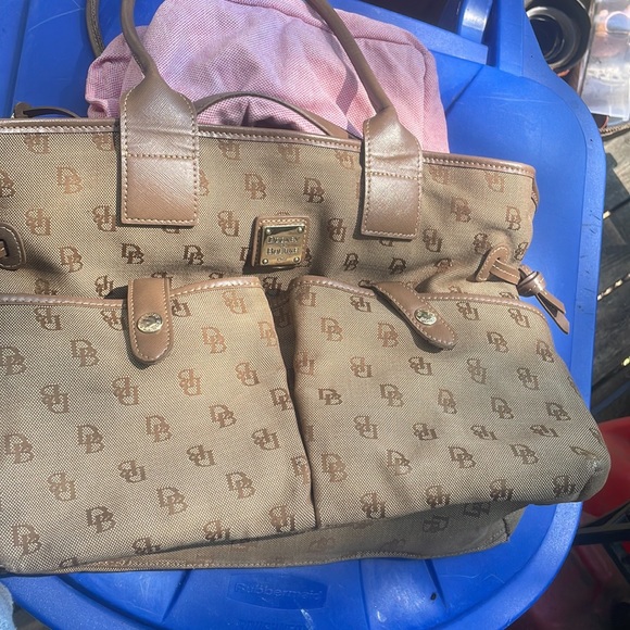 Handbags - Dooney  & Bourke 1975 taupe brown pink interior 16”/12” strap down 11”